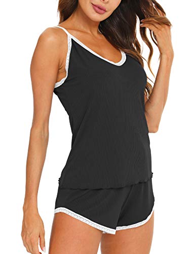 Maysoar Womens Pajama Short Sets Cami Lace Trim Striped Pj Set Pajamas For Women Shorts(Black,S) #TOP4