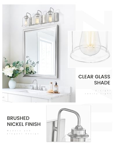Image of zeyu 20.5 Inch Modern Bathroom Vanity Lamp, 3-Light Wall Mirror Light for Bathroom, Brushed Nickel Finish with Clear Glass Shade, ZSL72B-3W BN