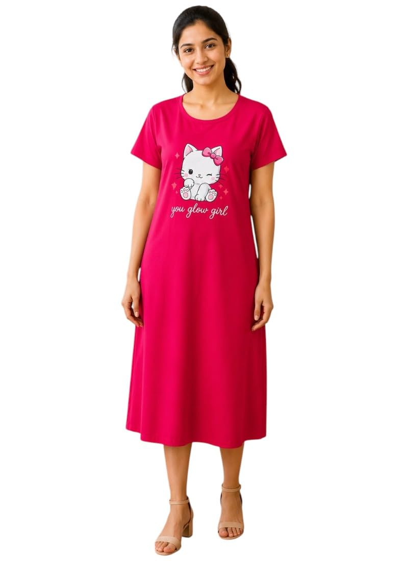 Women's Long Polo Printed T-Shirts, Round Neck, Half Sleeve, Night Gown-image-15
