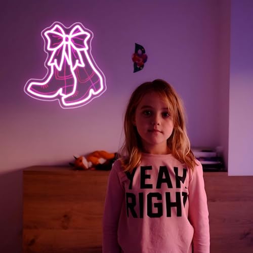 Image of Neon Sign, JGHTURIE Bow Boots Neon Signs for Wall Decor Pink Light Up Sign Preppy Girls Room Led Signs for Bar Party Shop Gift Decoration USB Powered