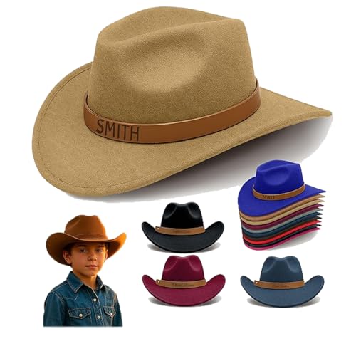 Personalized Western Cowboy Hat for Kids - Custom Name with Leather Band, 10 Color Choices Beige