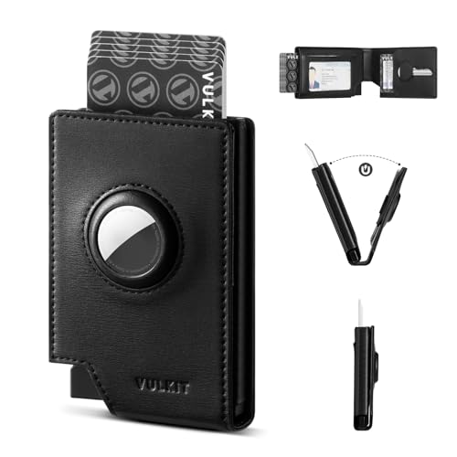 VULKIT Pop-Up Card Holder Wallet for Men with AirTag Holder, RFID Blocking Smart Wallet, Men's Card Holder Metal Wallet with ID Windows, Key Slot, Bill Slot, Metal Card Case, Black