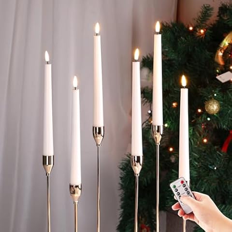 Eywamage White Flickering Flameless Taper Candles with Remote, Battery Operated LED Wax Candlesticks Set of 6 Cover