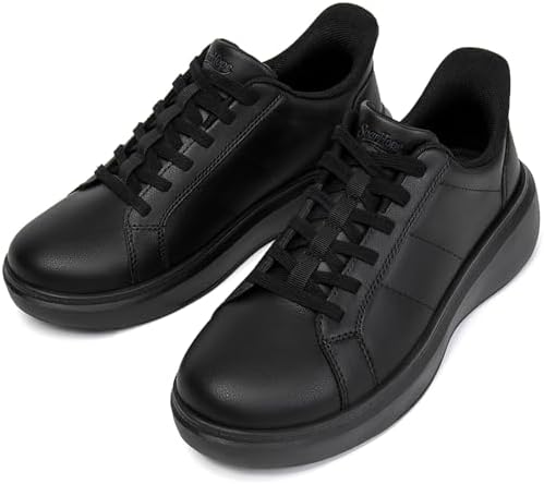 （10:00時点） [SOARHOPE] たったまま履ける靴 スニーカー 防水【立ったままスッと履ける 理学療法士推薦】手を使わずに履けるス ビジネスカジュアル 革靴風スニーカー 黑 3E 運動靴 通勤靴 立ち仕事 歩きやすい レザー オールブラック 25.5 cm