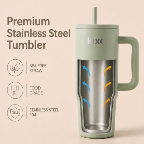 Image of 1200 ML Insulated Tumbler with Lid and Straw, Stainless Steel Tumbler Cup with Handle, Leakproof Mug Cupholder for Office, Gym, Travel 1.2 Litre (Sage Green)
