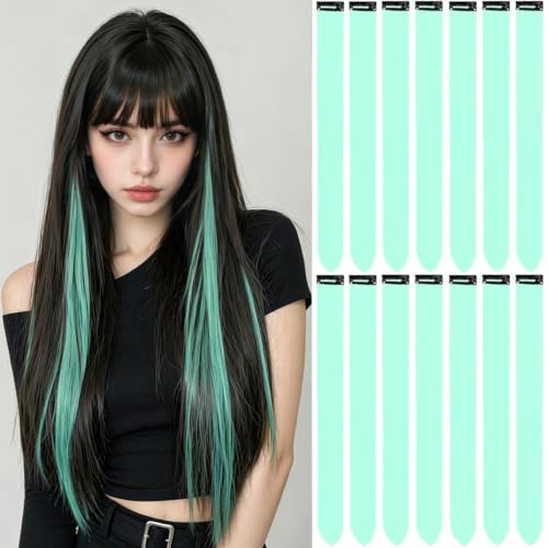 LADYAMZ Mint Green Hair Extensions Clip in Colored Hairpieces 14 PCS Teal
