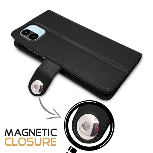 Image of Pikkme Redmi A1 | Redmi A2 Flip Cover Leather Finish | Inside TPU with Card Pockets | Wallet Stand and Shock Proof | Complete Protection Button Flip Case (Black)