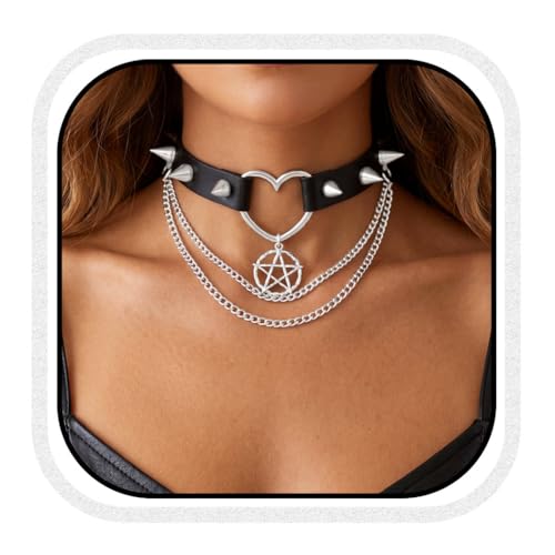 Zoestar Punk-Lederhalsband, schwarz, Gothic-Halsband, Herz-Halsband mit Spikes, Party-Halskette für Damen