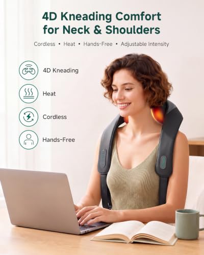 Image of Snailax Cordless Neck Massager with Heat for Pain Relief Deep Tissue, 4D Kneading,Rechargeable Shiatsu Back Neck Massager for Neck, Shoulders Back，Gift for Father | 2 modes, 3 speeds, 104-122F heat, Wearable hands-free straps, washable sleeve, 100-min battery