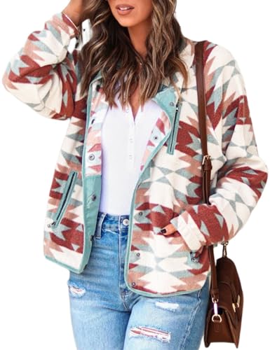 happlan Womens Fleece Jacket Western Aztec Print Sherpa Long Sleeve Snap Button Down Shacket Vest Jackets with Pockets