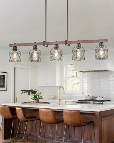 Rjieoc 5-Light Industrial Kitchen Island Lighting with Wood Grain Bar and Black Metal Cage, Farmhouse Rustic Hanging Ceiling Lamp for Dining Room, Living Room - image 5