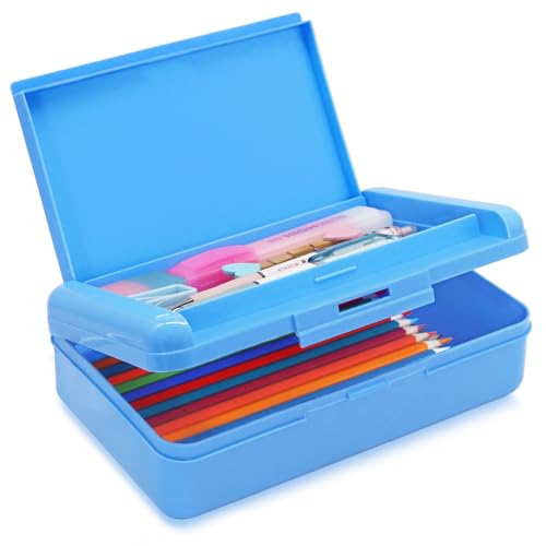 Nuozme Double Layer Pencil Box, Hard Pencil case 2 Compartments, Plastic Large Capacity Pencil Case with Snap-tight Lid, Hard Storage Organizer Box for Girl Boy, Medium-sized