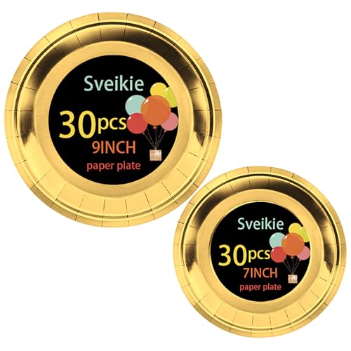 Sveikie 60-Pcs Thanksgiving Disposable Gold Paper Plates - 30 9-Inch And 30 7-Inch, Gold Plates Party Are Suitable Birthday Parties, Weddings, Holiday Celebrations