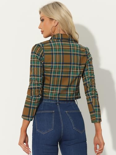 Allegra K Women's Notched Lapel Stretch Plaid Preppy Tartan Crop Blazer4