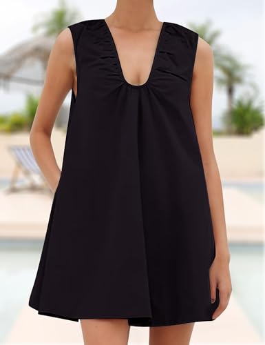 Image of Women's Summer Babydoll Dress Scoop Neck Bubble Mini Dress with Pockets Sleeveless Flowy Tank Preppy Dresses Party