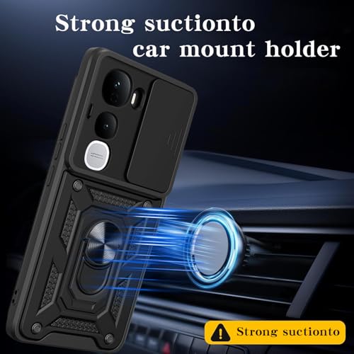 Image of SPAZY CASE Vivo Y400 Back Cover | Heavy Duty Hybrid Case with 360 Degree Rotating Finger Ring Holder + Slider Shutter Camera Protection Case for Vivo Y400 - Black