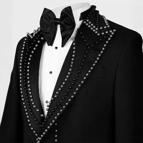 Oliexbley Men's 2 Piece Suits Beads One Button Dress Suit Slim Fit Tuxedo Jacket Blazer Pants Set for Wedding Business Prom2