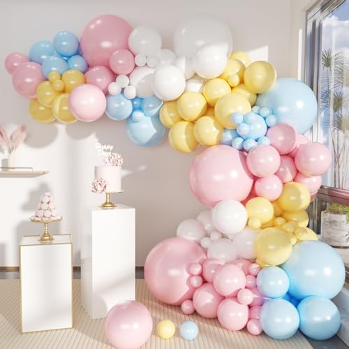 Image of MEBAY Pastel Balloon Garland Arch Kit 146Pcs Macaron Pink Blue White Yellow Latex Balloons Different Sizes 18 12 10 5 Inch for Gender Reveal Baby Shower Wedding Birthday Party Decoration