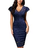 Miusol Women's Deep-V Neck Retro Lace Slim Style Party Mini Dress (Small, Navy Blue)