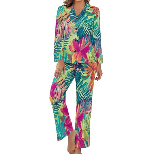 Pyjama deux pièces femme respirant grand taille motif plantes tropicales