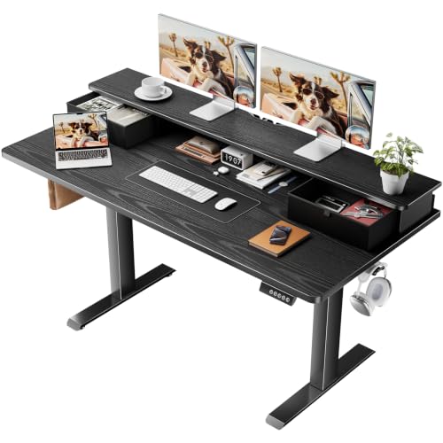 Image of Veken 55x26 in Electric Standing Desk with Drawers, Adjustable Table, Black | Stand up Computer Desk for Home Office, Work & Study, with Storage, 3 Memory Presets, Cable Organizer, Hook, and Quiet Lift.