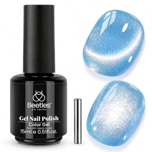 Beetles Blue Cat Eye Gel Polish, 15ML Light Blue Cat Eye Glitter Gel Polish | Velvet Gel with Magnet Soak Off UV Shimmer Arctic Aurora Series French Nail Art Design Manicure Gifts for Women