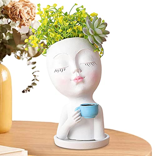 PUCHEN Maceta Cara - Face Planter Bebiendo Café | Maceta Resina para Plantas con Orificio Drenaje para decoración Escritorio Chimenea