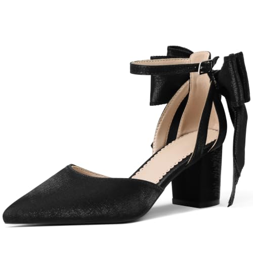 Yremael Women's Black Bow Heels Pointed Toe Pumps Satin Ankle Strap Chunky Block Kitten Heel Dress Shoes - image 1