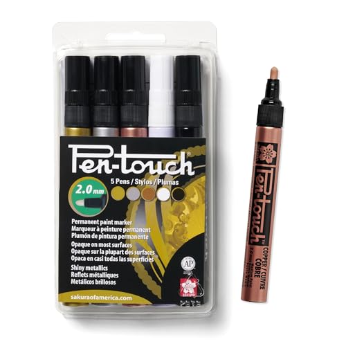 SAKURA 42591 5-Piece 2.0mm Pentouch Paint Marker, Medium, Gold, Silver, Copper, White and Black