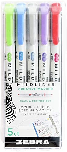 Zebra Pen Mildliner Double Ended Highlighter Set, Broad and Fine Point Tips, Assorted Cool and Refined Ink Colors, 5-Pack