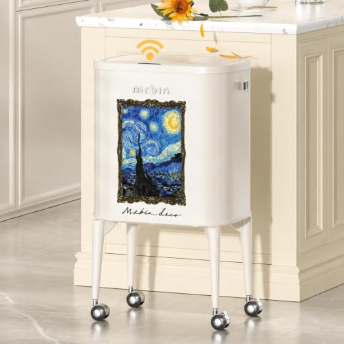 Image of MRBIN Metal Motion Sensor Kitchen Trash Can with Wheel Legs, 36L / 9.5gal Slim Waste Basket with Lid, Narrow Garbage Pail for Vanity, Living Room, Bathroom, Bedroom, Starry Night