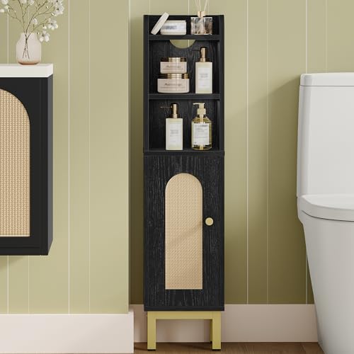 Hzuaneri Bathroom Storage Cabinet, Small Corner Floor Cabinet with Door and Shelves, Narrow Toilet Paper Holder, Bathroom Organizer with Adjustable Shelf, for Small Spaces, Rattan Black BC08204Y