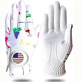 Womens Golf Glove with Ball Marker Rain Left Right Hand Leather Printed Pack, Ladies Golf Gloves All