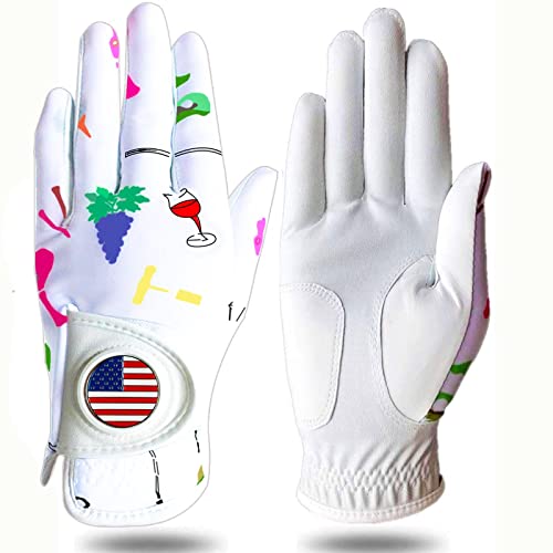 Womens Golf Glove With Ball Marker Rain Left Right Hand Leather Printed Pack, Ladies Golf Gloves All Weather Grip Breathable Soft Size Small Medium Large Xl (Wine&Golf, Large-Worn On Left Hand) #TOP21