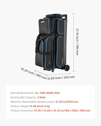 VEVOR Bowlingballtasche für 3 Bälle mit Doppelrollen & separatem Fach für Schuhe (bis US-Größe 16) & übergroßer Zubehörtasche, einziehbarer Griff lässt Sich auf 105 cm ausziehen Schwarz + Blau
