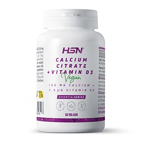Citrato de Calcio con Vitamina D3 de HSN | 120 Cápsulas Vegetales | 450 MG de Calcio y 900 UI Colecalciferol por Dosis Diaria | No-GMO, Vegano, Sin Gluten