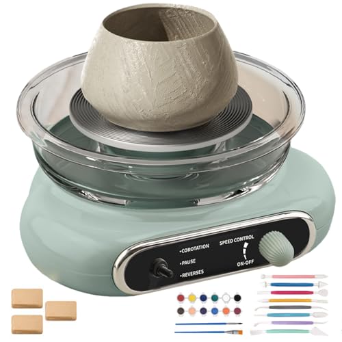 FAcoLL Mini Electric Pottery Wheel Ceramic Machine Pottery Forming Machine with Adjustable Speed & Pause Pedals Clay Modelling Tools DIY Pottery Kit for Kids Adults Beginners green