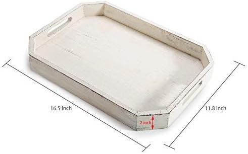 MyGift Whitewashed Wood Serving Tray with Handles and Angles Edges, Farmhouse Coffee Table Decorative Tray