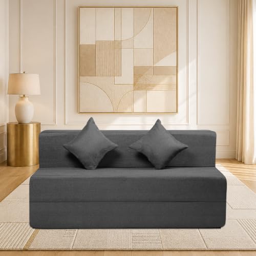 Image of Seventh Heaven Rejioce 3 Seater 5 * 6 Jute Fabric Washable Cover Sofa Cum Bed with 2 Cushions 3 Seater Double Foam Fold Out Sofa Cum Bed (Finish Color - Dark Grey Delivery Condition - Pre-Assembled)