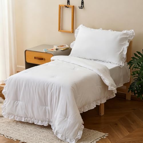 Image of Wellboo Boho White Lace Toddler Bedding Sets for Girls Boys Solid Color Shabby Chic 4 Pieces Soft Crib Bed Set Including Comforter, Sheets and Pillowcase Kids Vintage Rustic Floral Ruffle Quilt Warm