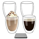 350ml Latte Macchiato Doppelwandige Gläser - Cappuccino Tassen Espressotassen Gläser - Spülmaschinenfeste Eiskaffee Gläser Teegläser Kaffeetassen Thermogläser Doppelwandig 4er Set mit 4 Untersetzer