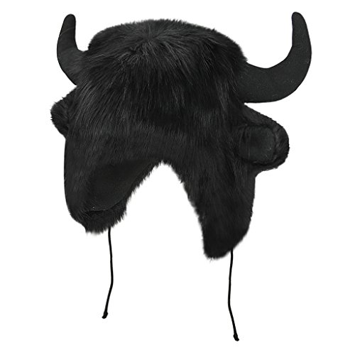 Cute Warm Plush Fluffy Faux Fur Hood Animal Buffalo Bison Bull Hat Ear Horn Costume Hat Black #TOP3