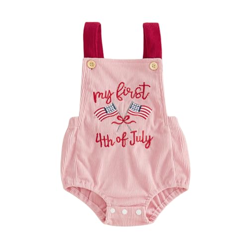 Michellecmm My First 4th of July Baby Boy Girl Outfit Newborn Embroider USA Romper Corduroy Overall Infant Clothes Outfits (Ch Pink, 12-18 Months)