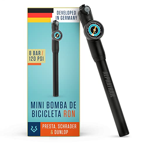 Alphatrail Mini Bomba Ron - para Todas Las válvulas 8,3 Bar / 120 PSI presión máxima I Gran manómetro (Ø32mm) I Manguera Extensible de 15cm I Bomba de Bicicleta para Presta, Schrader y Dunlop