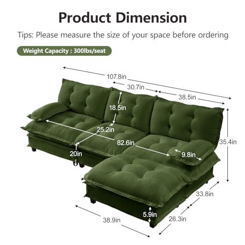 Image of 107 inch L-Shaped Sectional Couches for Living Room, Green 3 Seater Modern Chenille Deep Seat Sofa Set, Salas para Casa, High Back Cloud Couch Modular Sectional Sets with Ottoman