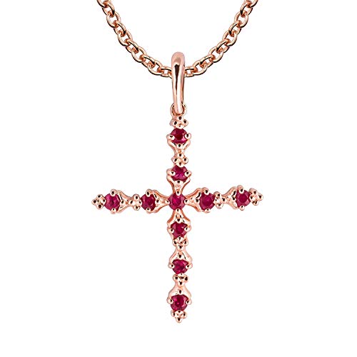 10K Rose Gold Genuine Ruby Cross Pendant Necklace #TOP29