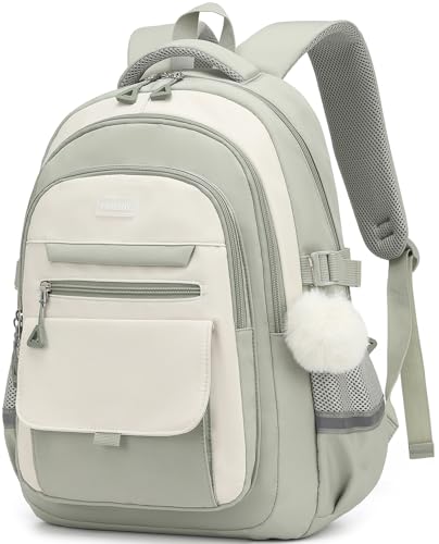Image of School Backpack for Teen Girls, Large Capacity Laptop Bag for High School Middle School Elementary, Aesthetic Bookbag College Women, Beige Green