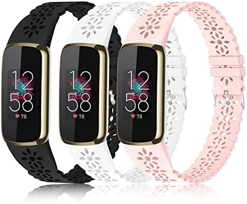 3 Pack Slim Sport Bands Compatible with Fitbit Luxe Band for Women, Soft Silicone Lace Thin Hollow-Out Replacement Wristbands Breathable Bands for Fitbit Luxe Fitness Smart Watch