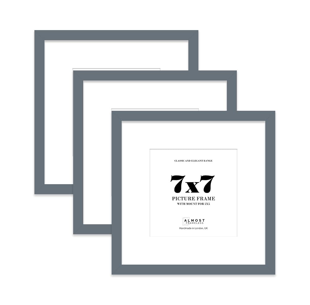 7x7 Grey Picture Frame with Mount for 5x5 Photos, Prints - Modern Square Wall Frame, Set of 3