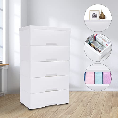 Woqlibe Plastic Dressers,Storage Dresser With 5 Drawers,File Vertical Cabinet With Wheel Casters For Playroom Bedroom Hallway Entryway Furniture,17.72''D X 11.81''W X 33.07''H(White) #TOP6